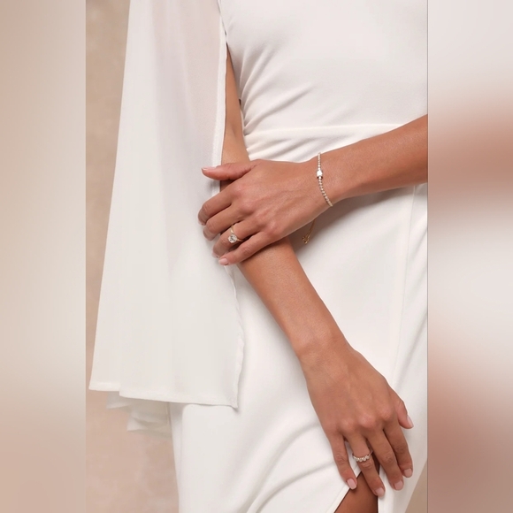 Lulus Majestic Attitude White Cape Sleeve One-Shoulder Maxi Dress S Wedding - Picture 4 of 11
